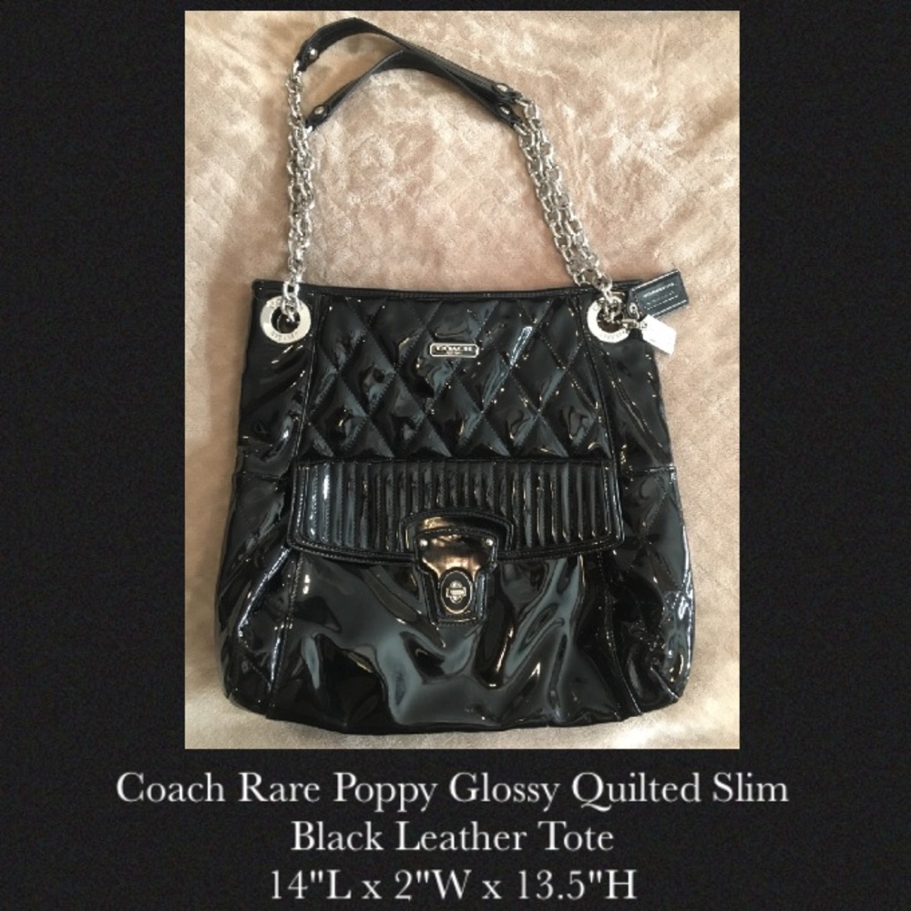 Coach Poppy Glossy Quilted Slim Black Leather Tote